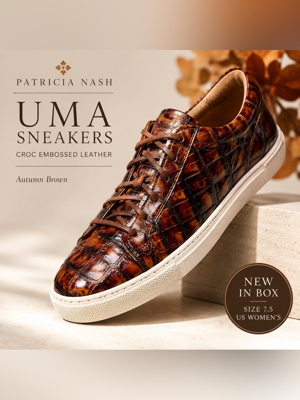 Patricia Nash UMA Croc Embossed Leather Sneakers Autumn Brown NIB 7.5